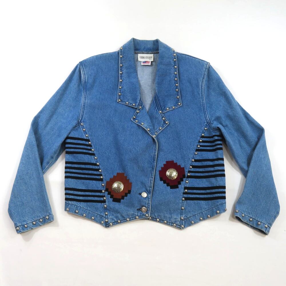 Sedona Stitchery Denim Jean Jacket Studs Southwestern Blue Made in USA Sz M 80s
